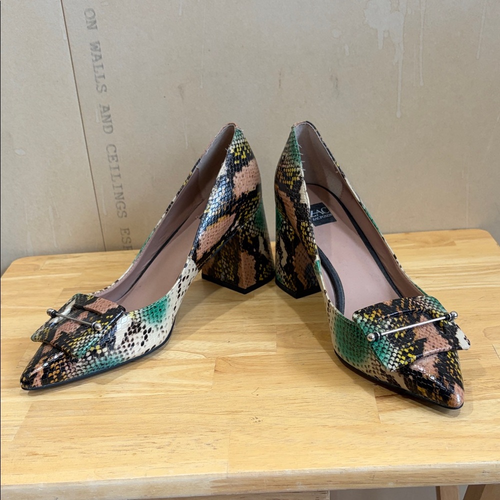 Zac Posen Shena II Green Pink Black Snake-Print Block Heel Pumps